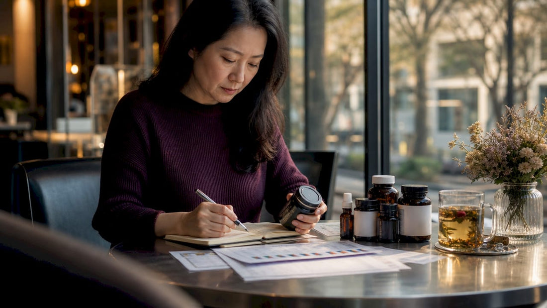 Woman organizing longevity supplements checklist