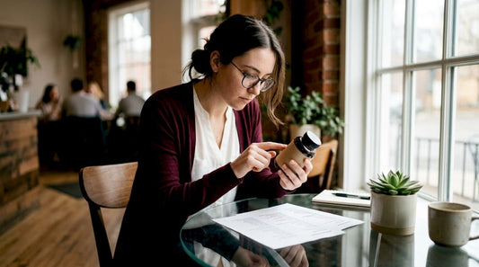 Woman examining supplement label carefully