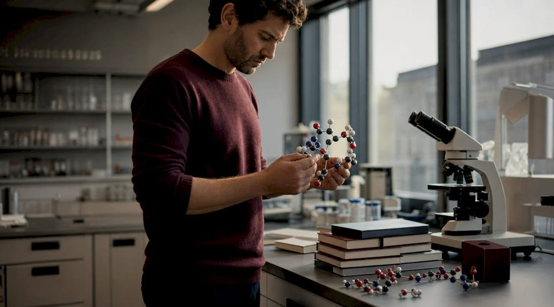 Researcher examining peptide molecular model