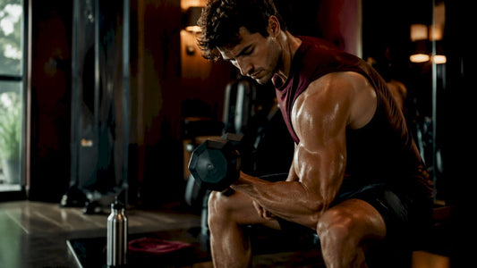 Man lifting dumbbells in gym strengthening lean muscle