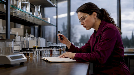 Scientist examining NMN and NAD supplement vials in lab