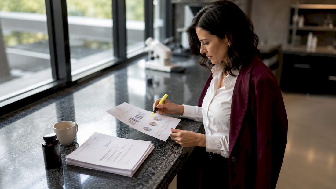Researcher reviewing immune supplements study papers