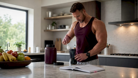Bodybuilder preparing L-carnitine supplement in home gym