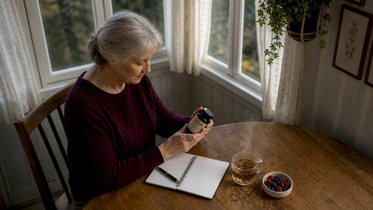 Senior woman reviewing supplement label at kitchen table
