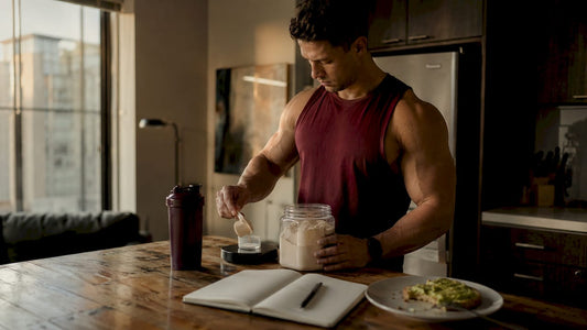 Bodybuilder measuring amino acid supplement at kitchen counter