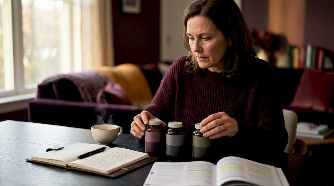 Woman comparing supplement bottles at kitchen table