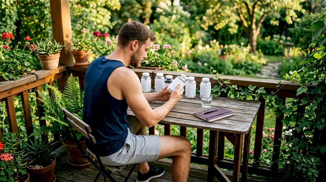 Man reading pre workout supplement labels in home gym