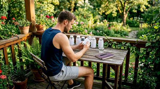 Man reading pre workout supplement labels in home gym