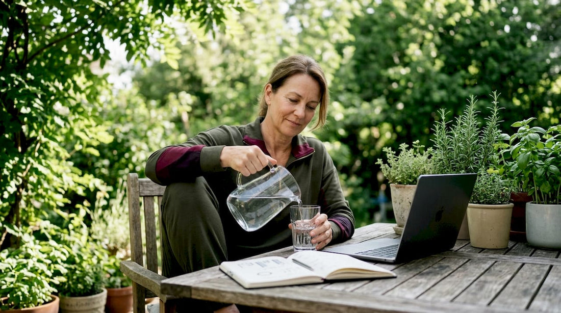 Woman pouring water as part of energy routine