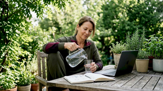 Woman pouring water as part of energy routine
