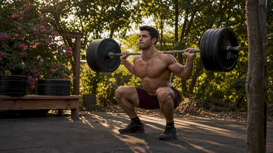 Male bodybuilder performing barbell squat