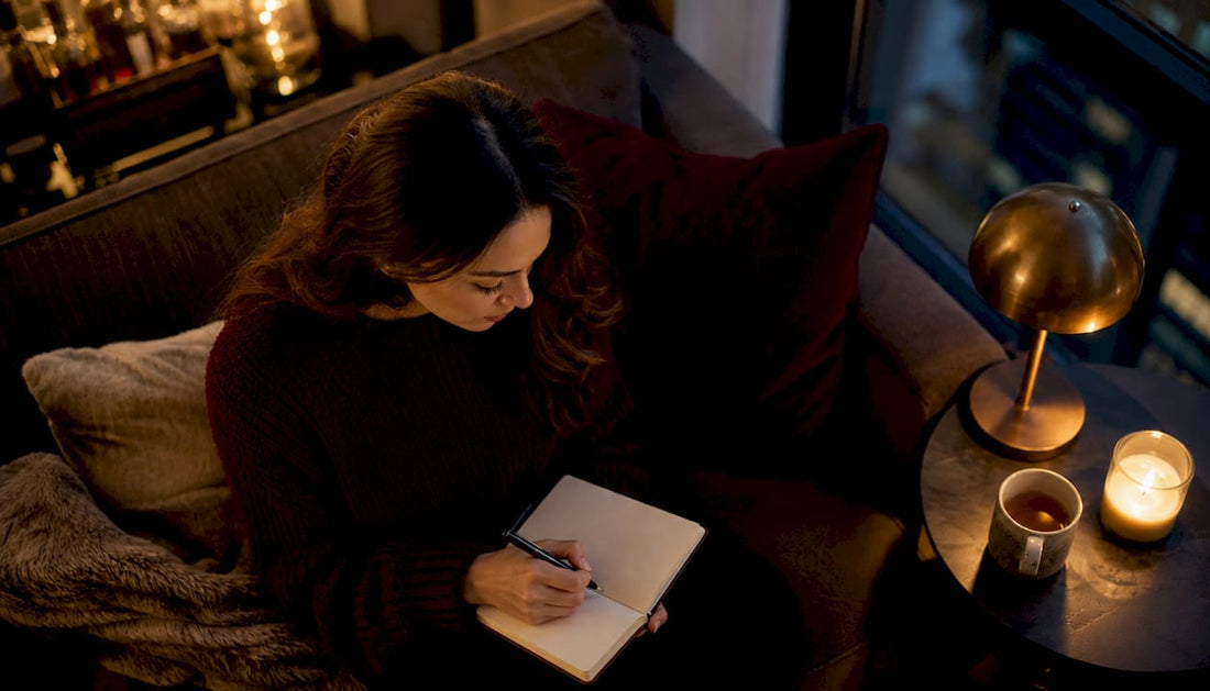 Woman writing in wellness journal at home desk