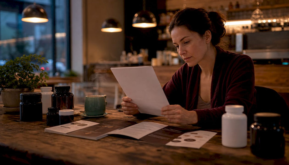 Woman reviewing supplements at kitchen table