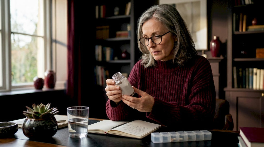 Woman reading nootropic supplement label at kitchen table