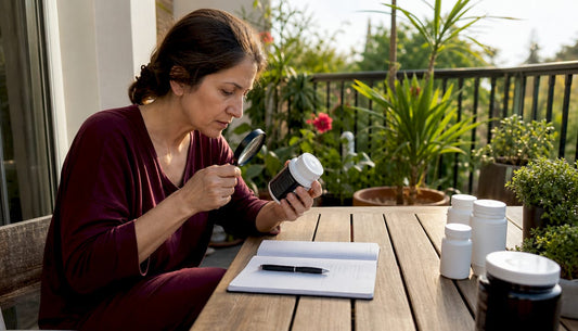 Woman reading supplement label at kitchen table