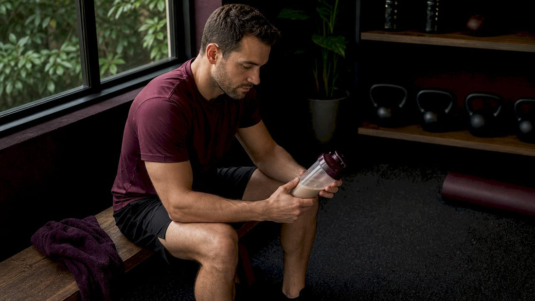 Athlete reviewing ergogenic aid supplement in gym