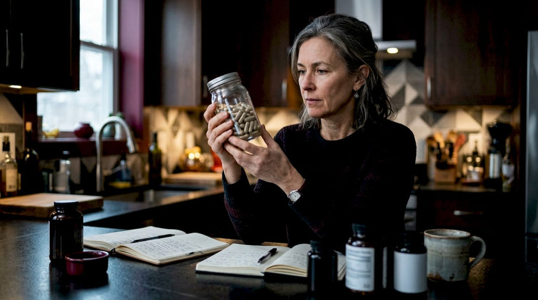 Woman reviewing non-GMO supplement bottle in kitchen