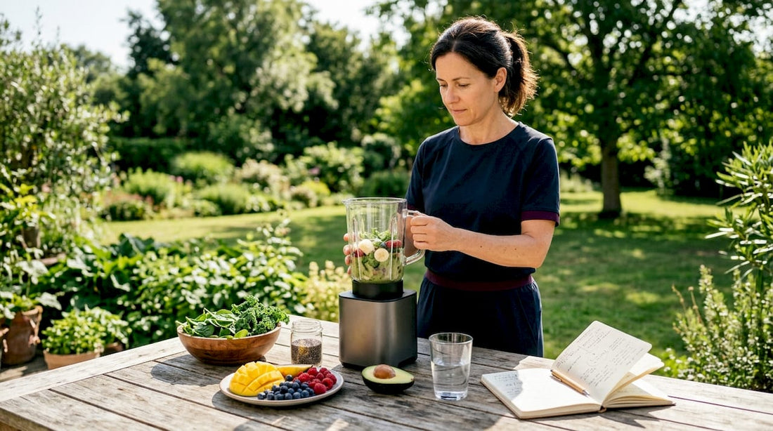 Woman preparing healthy smoothie in bright kitchen