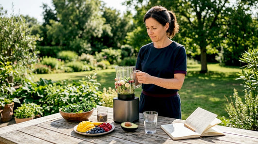 Woman preparing healthy smoothie in bright kitchen