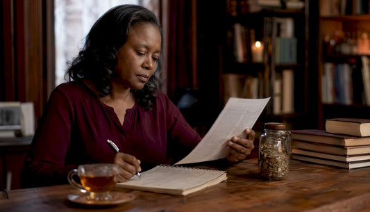 Woman reading about stimulant health risks at kitchen table