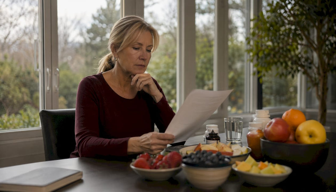 Woman reviewing brain health supplements at home kitchen table.