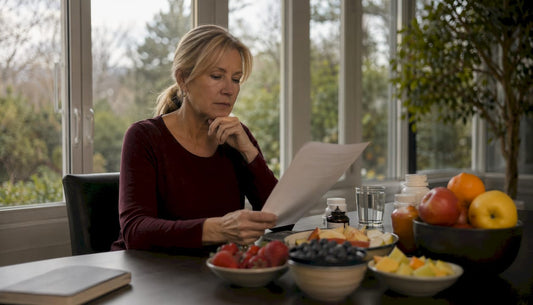 Woman reviewing brain health supplements at home kitchen table.