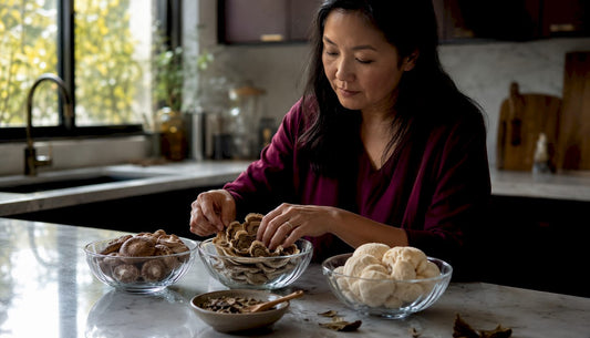Woman preparing medicinal mushrooms in kitchen