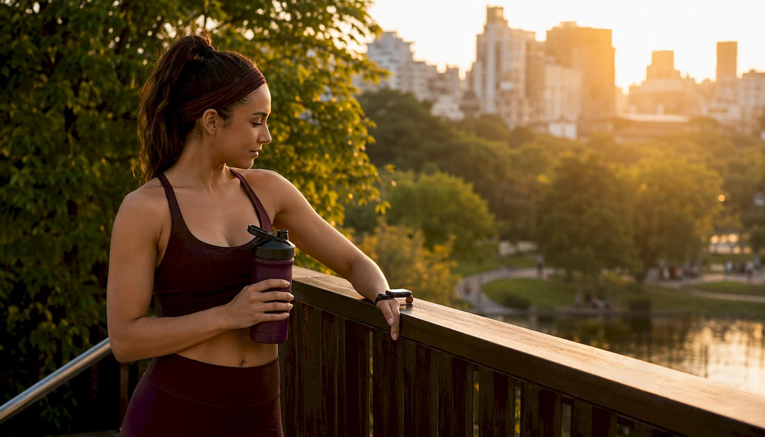 Woman athlete drinking protein shake post workout
