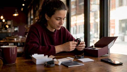 Woman unboxing wearable health tracker at kitchen table