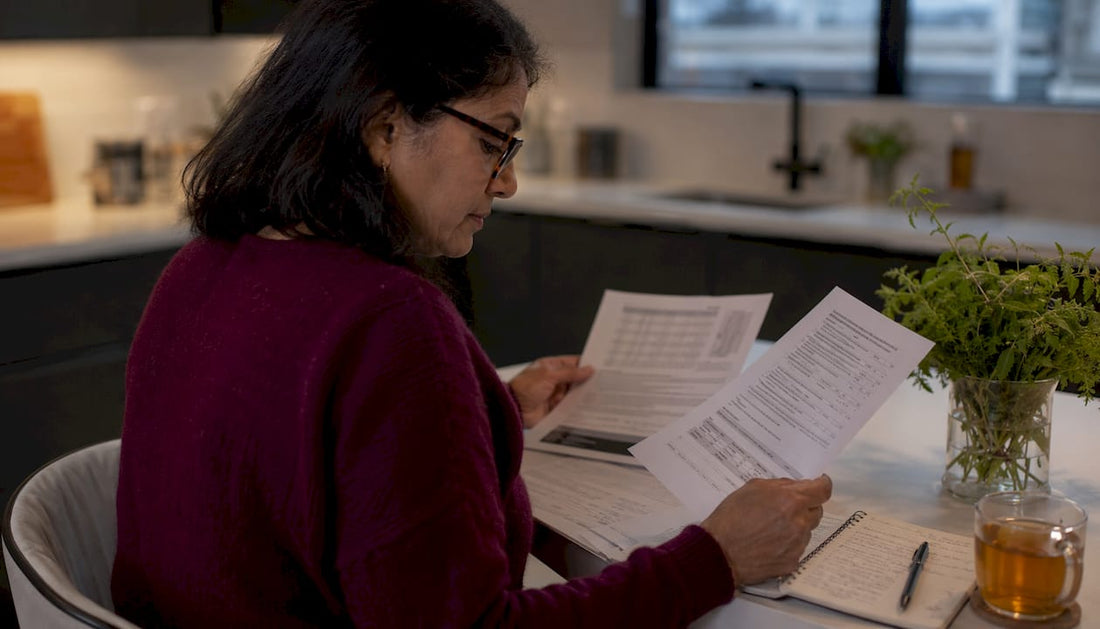 Woman reviewing NMN supplement documents at home desk