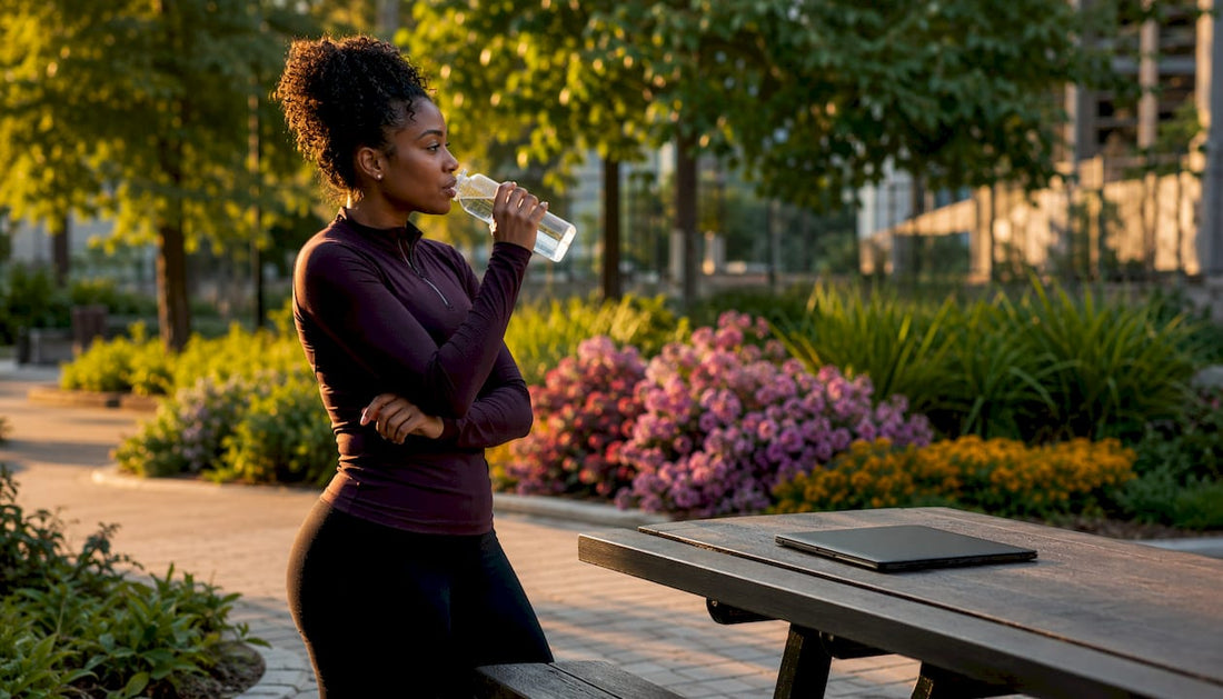Woman standing at desk drinking water