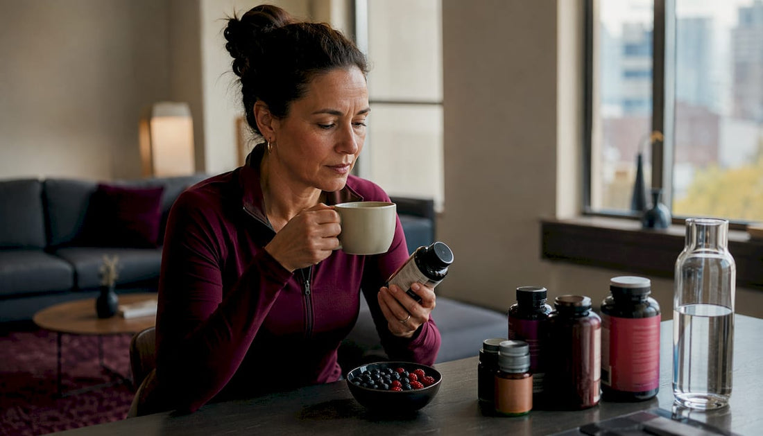 Woman at kitchen reading supplement label
