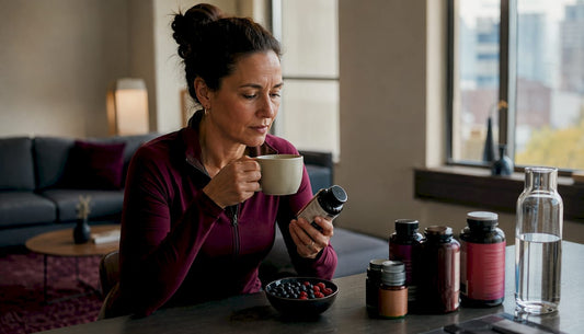 Woman at kitchen reading supplement label