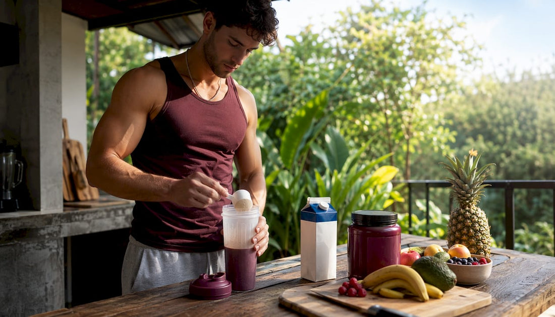 Man preparing mass gainer shake in kitchen