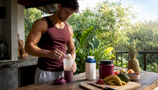 Man preparing mass gainer shake in kitchen