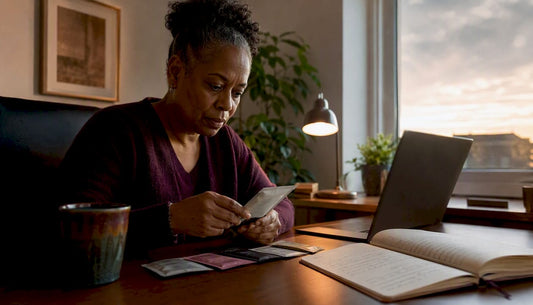 Woman reviewing free supplement samples at kitchen table