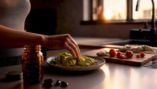 Hand preparing avocado with supplement capsules