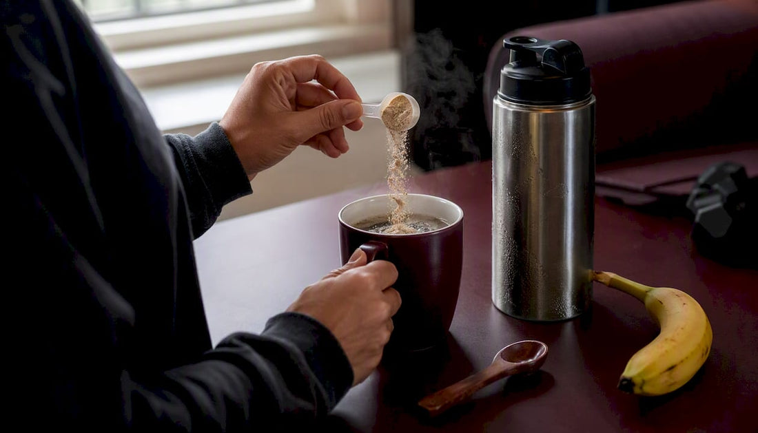 Hands mixing pre-workout powder in water glass