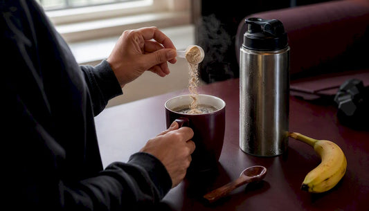 Hands mixing pre-workout powder in water glass