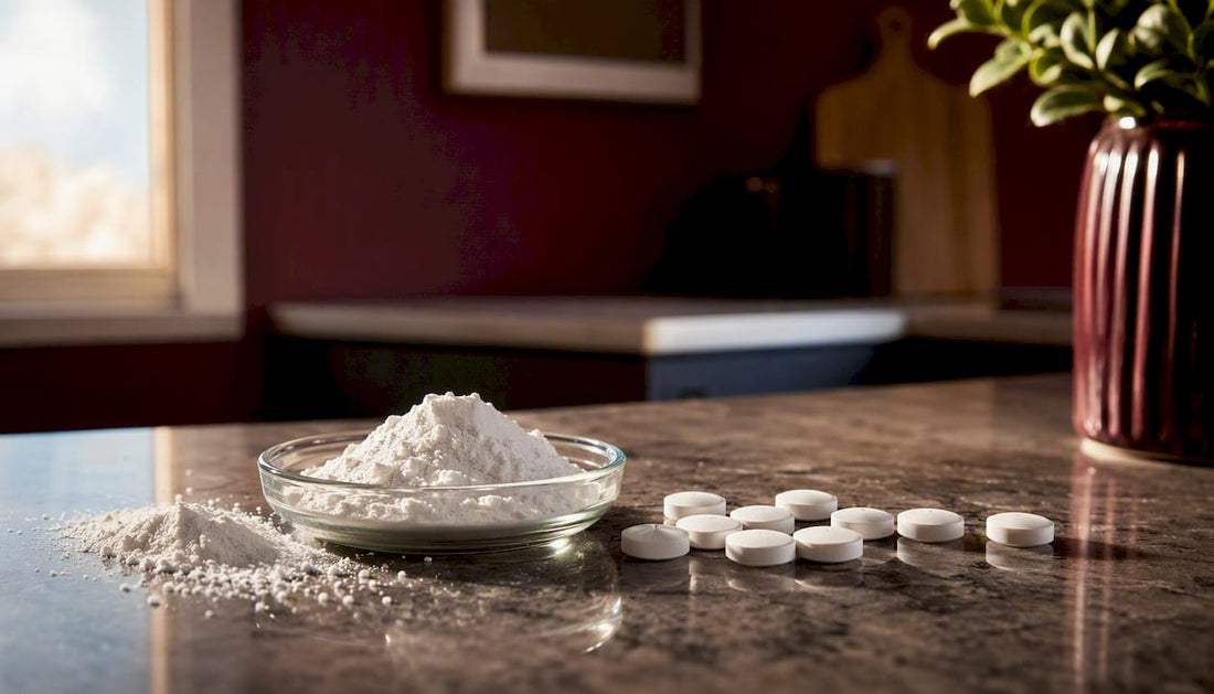 Close-up of NMN powder and metformin tablets