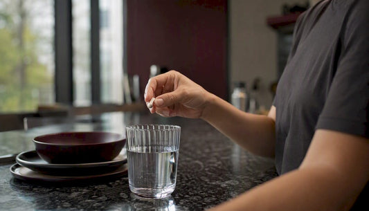 Hand holding NMN capsule over glass of water