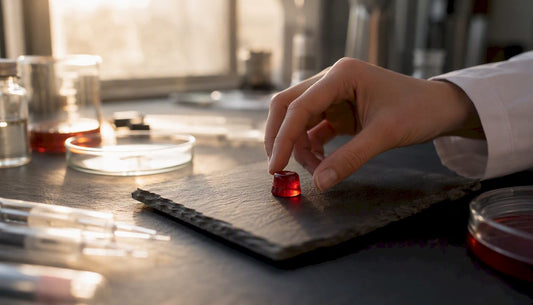 Hand holding NMN gummy with lab props