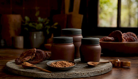 Reishi mushroom supplements and dried pieces on counter