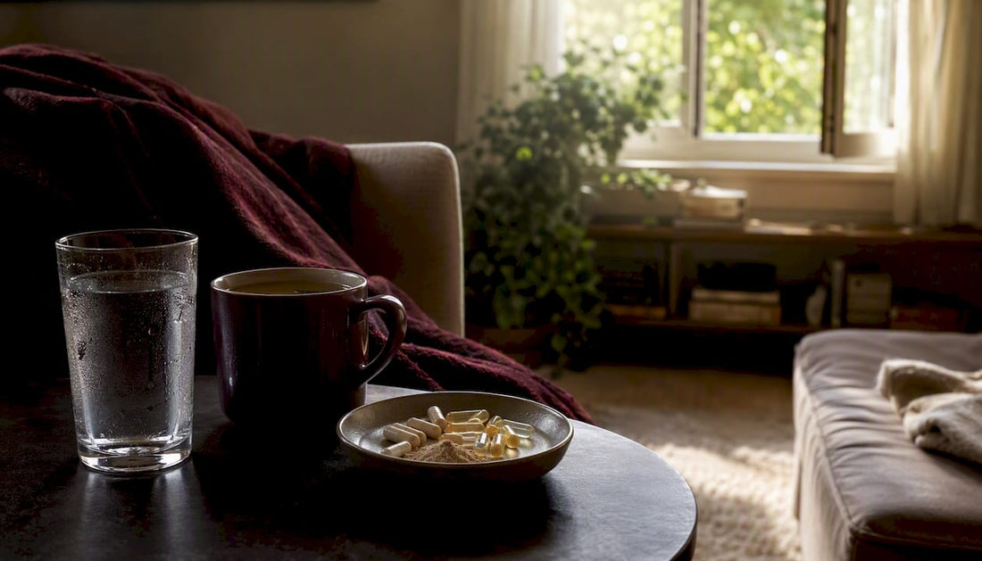 Morning supplements and water on bedside table