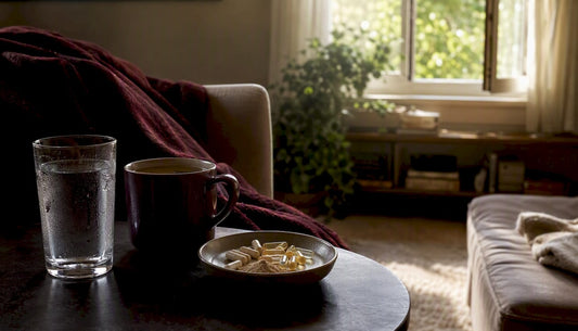 Morning supplements and water on bedside table