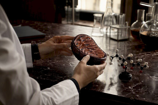 Hands holding mitochondria and CoQ10 models