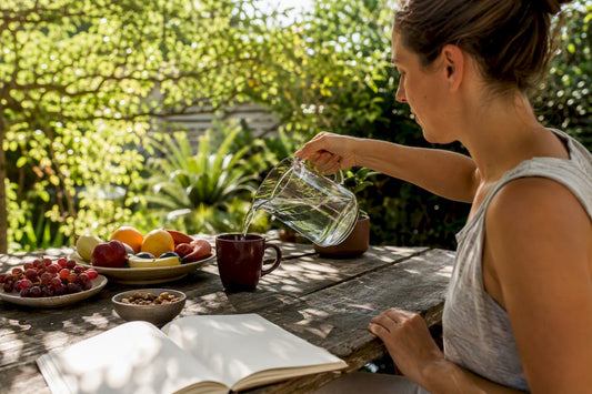 Pouring water beside nuts and fresh fruit in kitchen