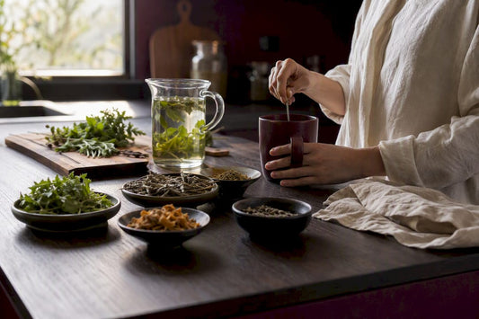 Morning tea pouring in healthy kitchen