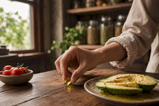 Hand placing CoQ10 capsule by fatty meal