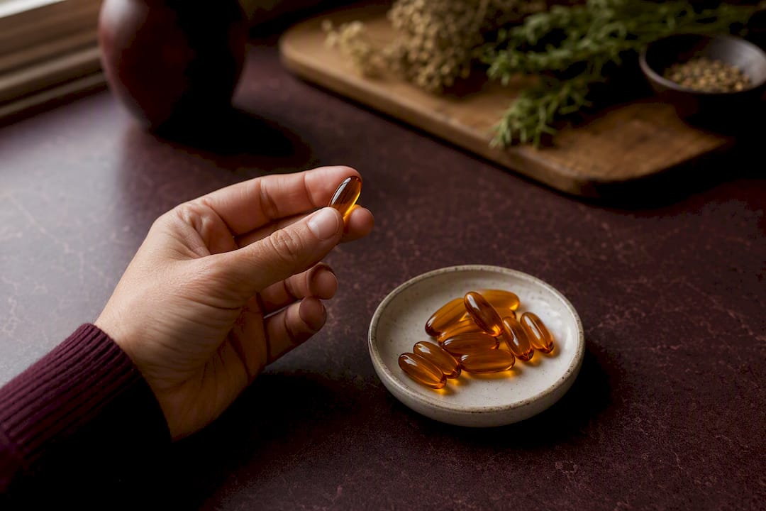 Close-up of hand holding CoQ10 softgel capsule